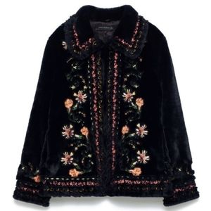 Zara navy embroidered faux fur jacket